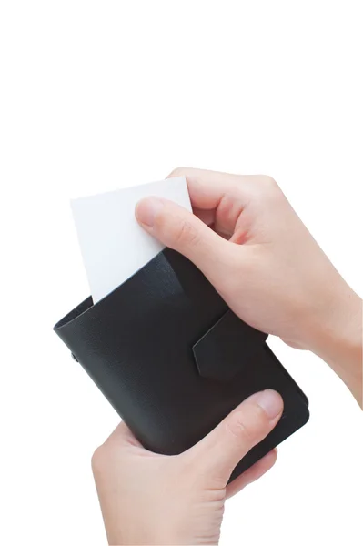 Mão segurando um cartão em branco na carteira — Fotografia de Stock