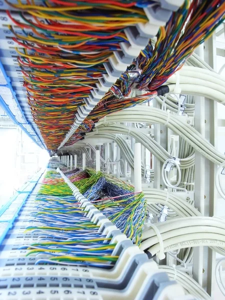 Μία βολή από καλώδια δικτύου και διακομιστές σε ένα κέντρο δεδομένων τεχνολογίας — Φωτογραφία Αρχείου