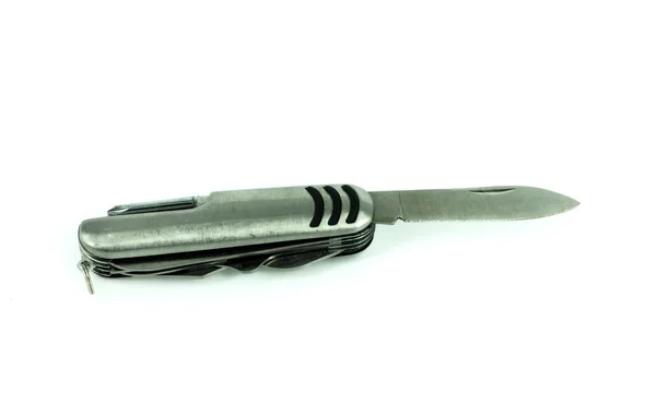 Відкритий сталевий кишеньковий ніж ізольований над білим — стокове фото