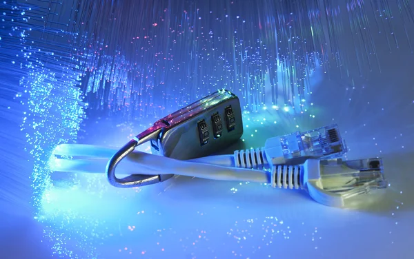 Fiber optik arka kilit ve ağ kablosuyla — Stok fotoğraf