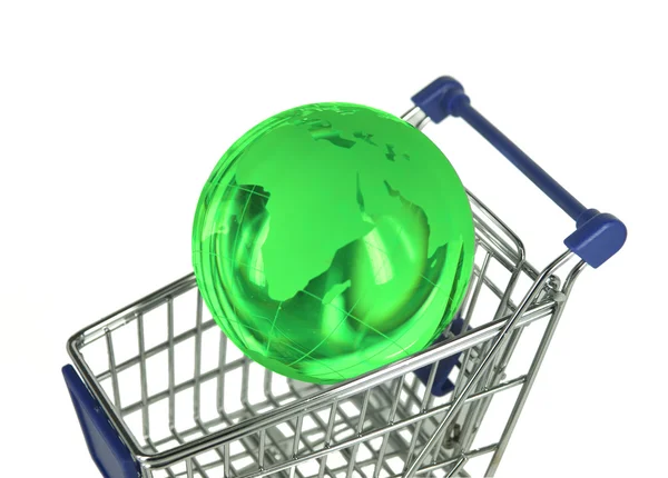 Concept of shopping cart with a globe world made of glass — Stock Photo, Image