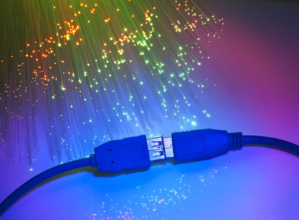 Cerradura y cable de red con fondo de fibra óptica —  Fotos de Stock