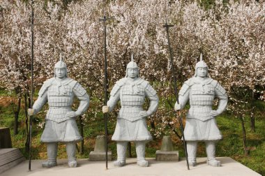 Çin terra cotta warriors armut çiçeği ormanda.