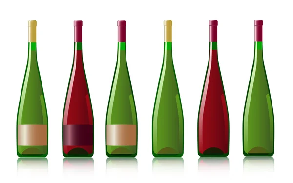 Seis botellas de vino tinto y blanco — Vector de stock