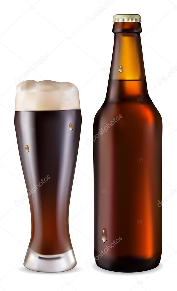 Beer in glass and dark bottle of bee