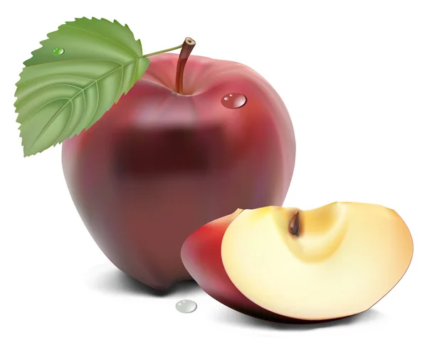 Rött äpple med grönt blad — Stock vektor
