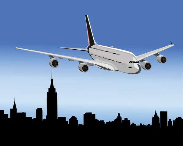 The airplane above city — Stock Vector