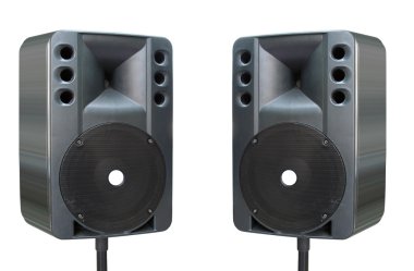 Two old powerfull concerto audio speakers isolated on white clipart