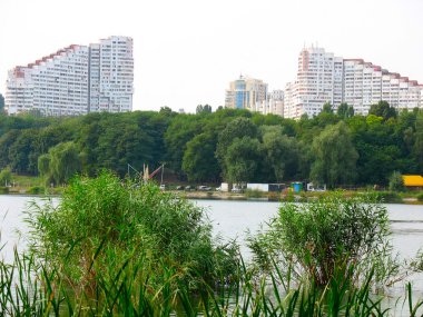 bir göl ve yüksek binalar ile Şehir Parkı