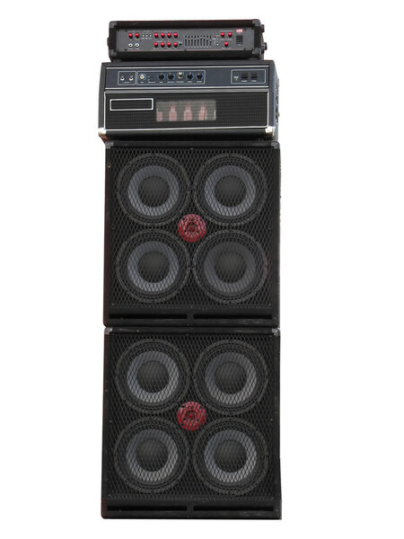 Old powerfull stage concerto audio speakers and amplifiers isolated on white background