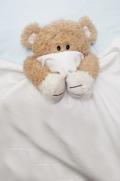 Плюшевий ведмедик прокладки в ліжку — стокове фото