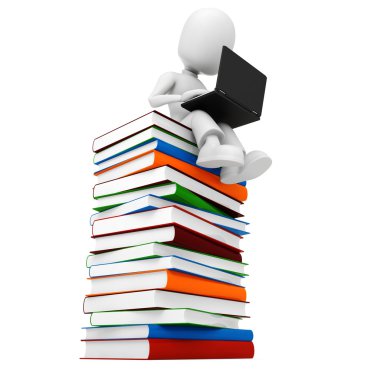3d man sitiing on a pile of books clipart