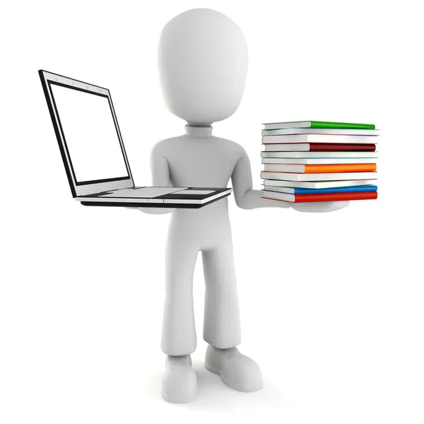 3d man holding a laptopp and some books — Stock Photo, Image