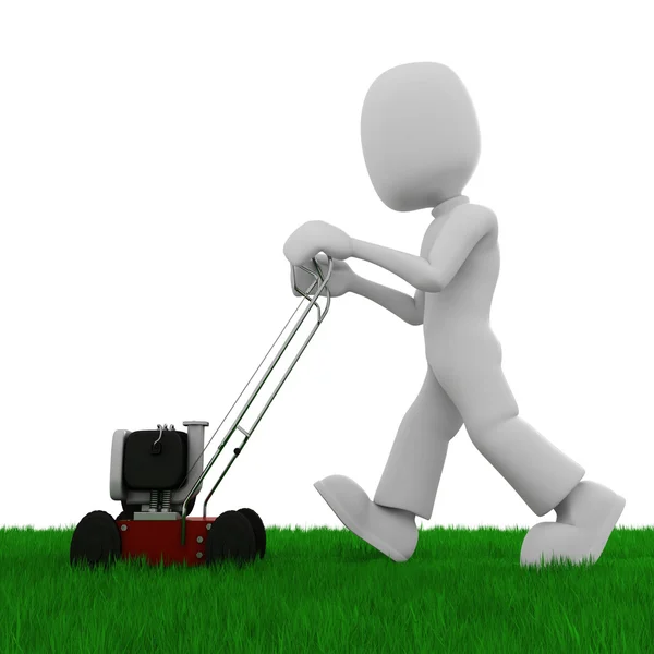3d man cutting the grass with a push lawn mowe — Stock Photo, Image
