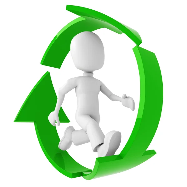 3D-man loopt binnen de recycle symbool — Stockfoto