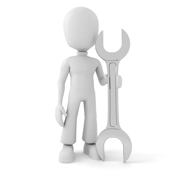 3D man och en skiftnyckel, isolerad på vit — Stockfoto