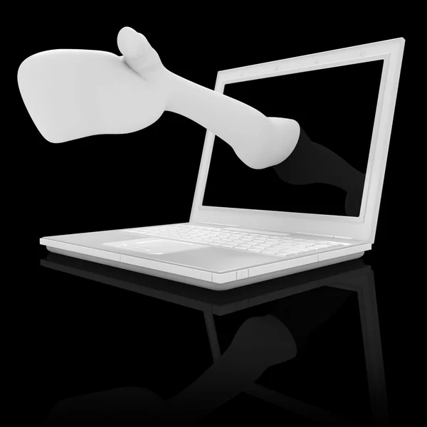 3D καθιστούν του ένα pop'ing χέρι έξω από μια οθόνη του φορητού υπολογιστή — Φωτογραφία Αρχείου