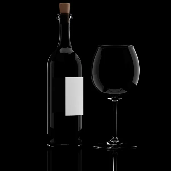 3D butelkę wina i szkła, na czarnym tle — Zdjęcie stockowe