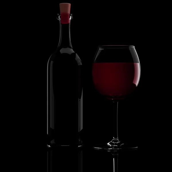 3D láhev vína a skla, na černém pozadí — Stock fotografie
