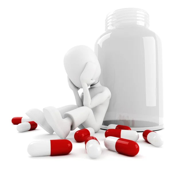 3d man and lots of pills, isolated on white — Stock Photo, Image
