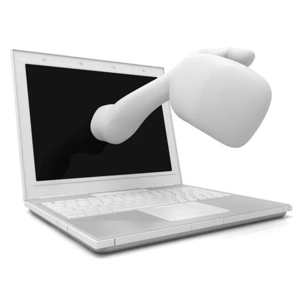 3D render van een hand pop'ing uit van een laptopscherm — Stockfoto
