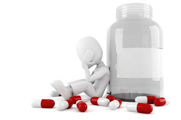 3d man and lots of pills, isolated on white — Stock Photo, Image