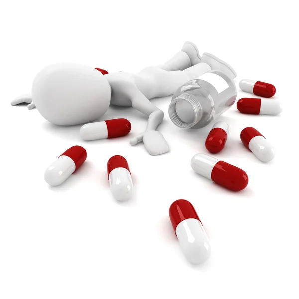3d homem e muitas pílulas, isolado em branco — Fotografia de Stock