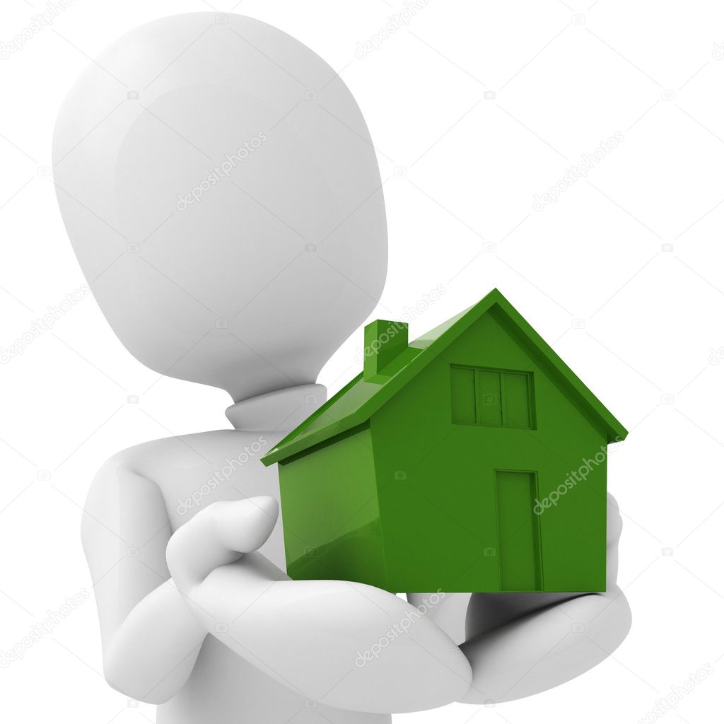 3d man holding a miniature house in his hands