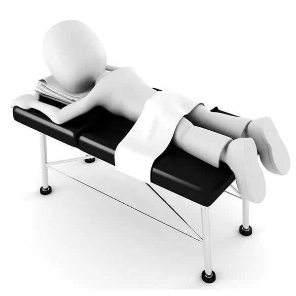 3d homem, colocando em uma mesa de massagem, isolado no fundo branco — Fotografia de Stock