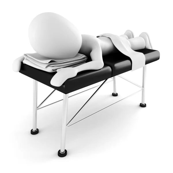 Uomo 3d, sdraiato su un tavolo da massaggio, isolato su sfondo bianco — Foto Stock