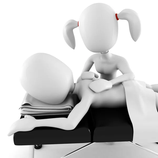 3D-Mann, auf Massagetisch liegend, isoliert auf weißem Hintergrund — Stockfoto