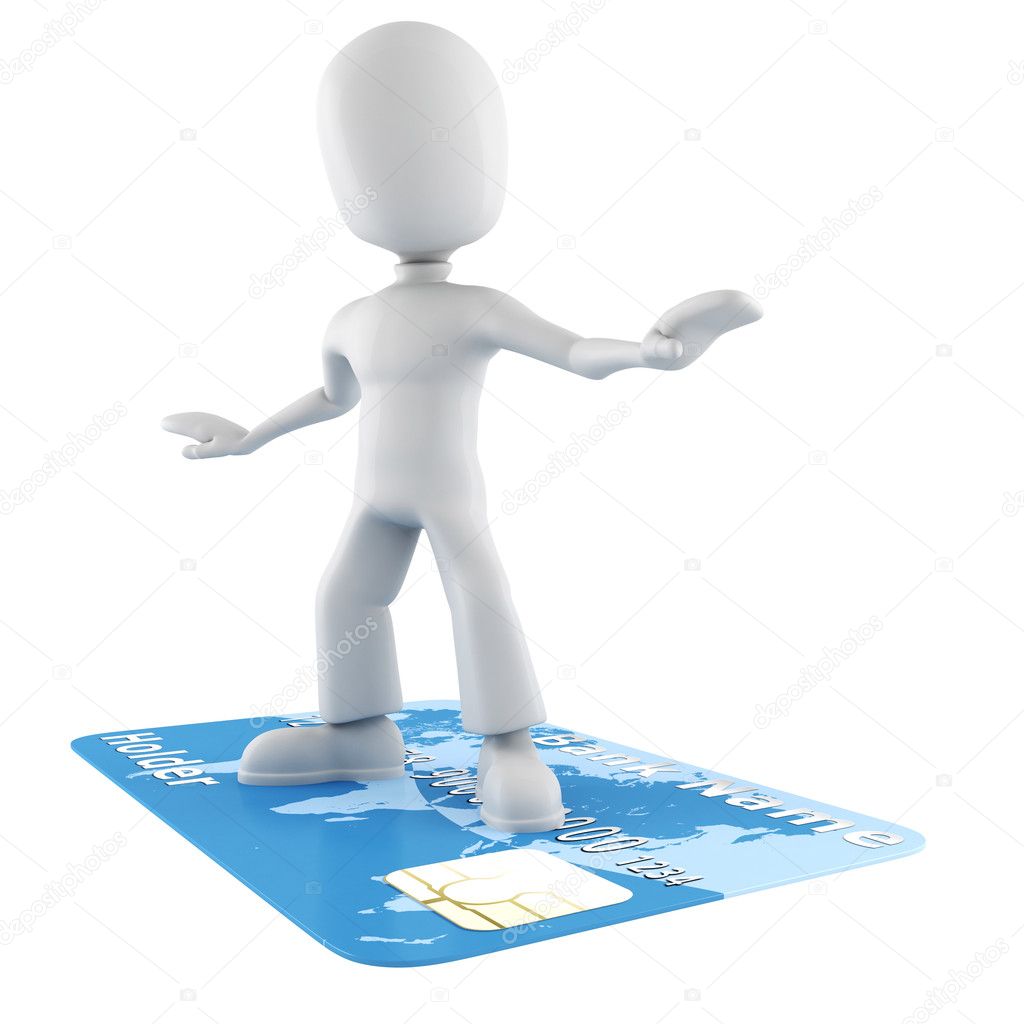 3d man surfing on a credit card