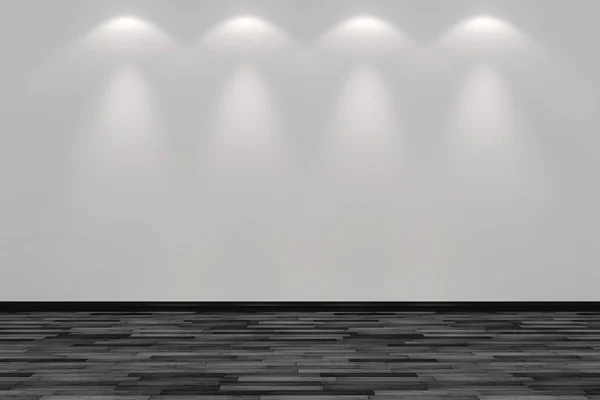 Parede da sala em branco iluminada por quatro luzes pontuais — Fotografia de Stock