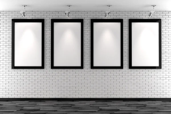 3d blank frames on a white brick wall — Zdjęcie stockowe