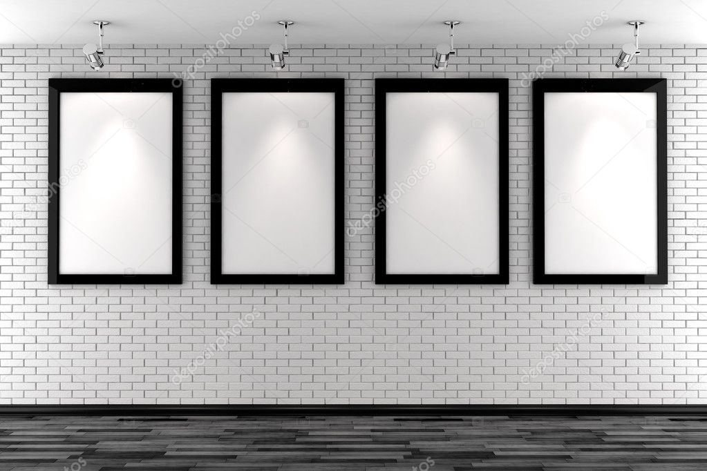 3d blank frames on a white brick wall