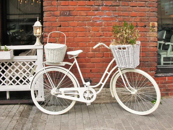 stock image Detail design summer cafe with a bicycle, painted white