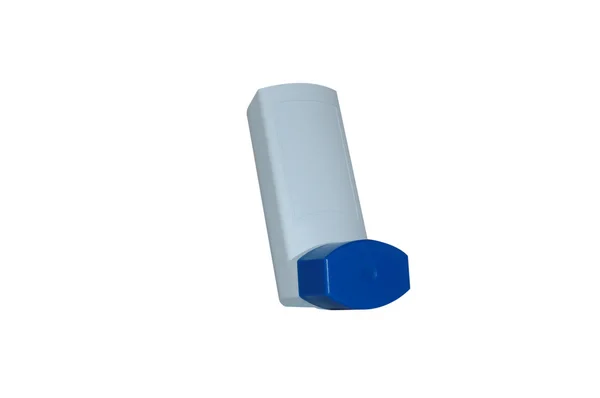 Blauwe astma-inhalator geval geïsoleerd op wit — Stockfoto