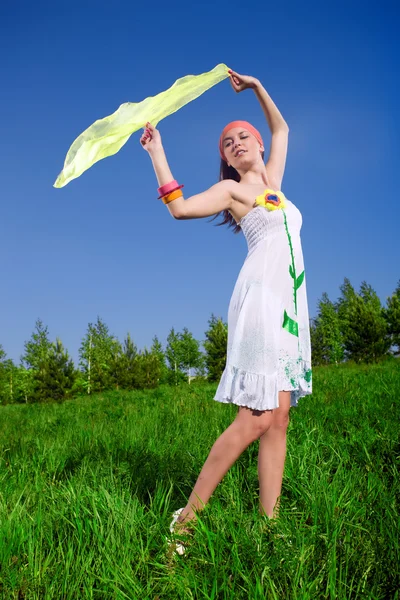 Nice girl in white dress with kerchief — Stock Photo, Image