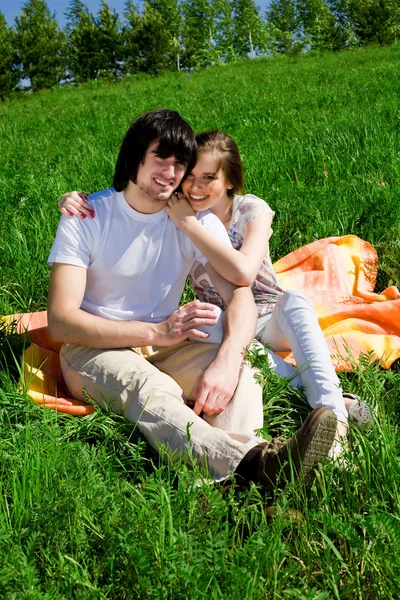 Fille aux cheveux longs avec ordinateur portable et garçon sur l'herbe — Photo