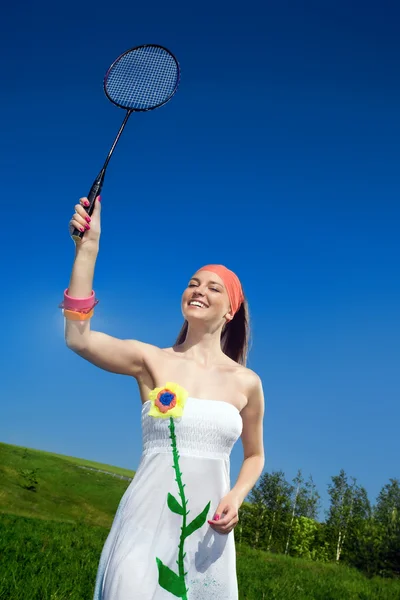 Long-haired girl with racket — Stock Photo, Image