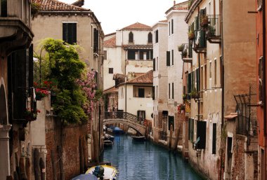 Houses and bridge above channel clipart