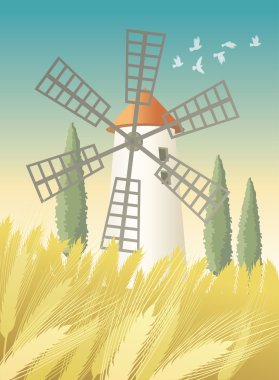 Landscape with windmill and wheat field clipart