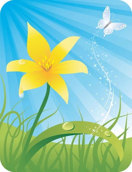 Flor de primavera con mariposa — Vector de stock