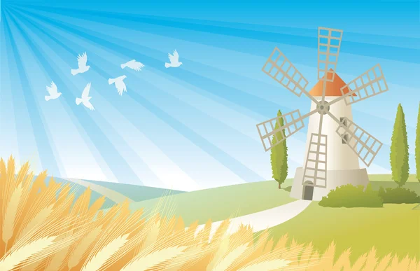 有风车的农村景观 — 图库矢量图片#