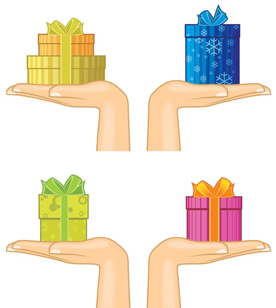 Hände mit Geschenkboxen — Stockvektor