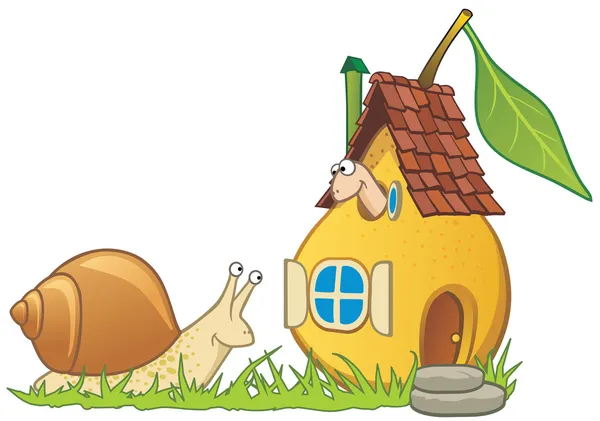 Casa de la pera, gusano y caracol — Vector de stock