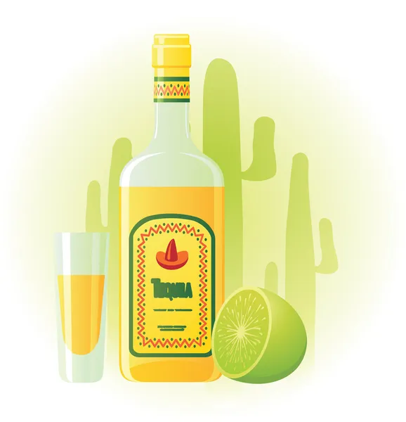 Tequila fles met cup en kalk — Stockvector