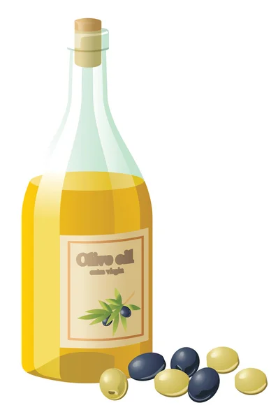 Frasco de azeite e azeitonas, isolado a branco —  Vetores de Stock