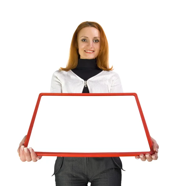 Geschäftsfrau mit Schild — Stockfoto