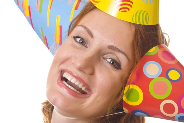 Mujer feliz en tres sombreros de fiesta — Foto de Stock